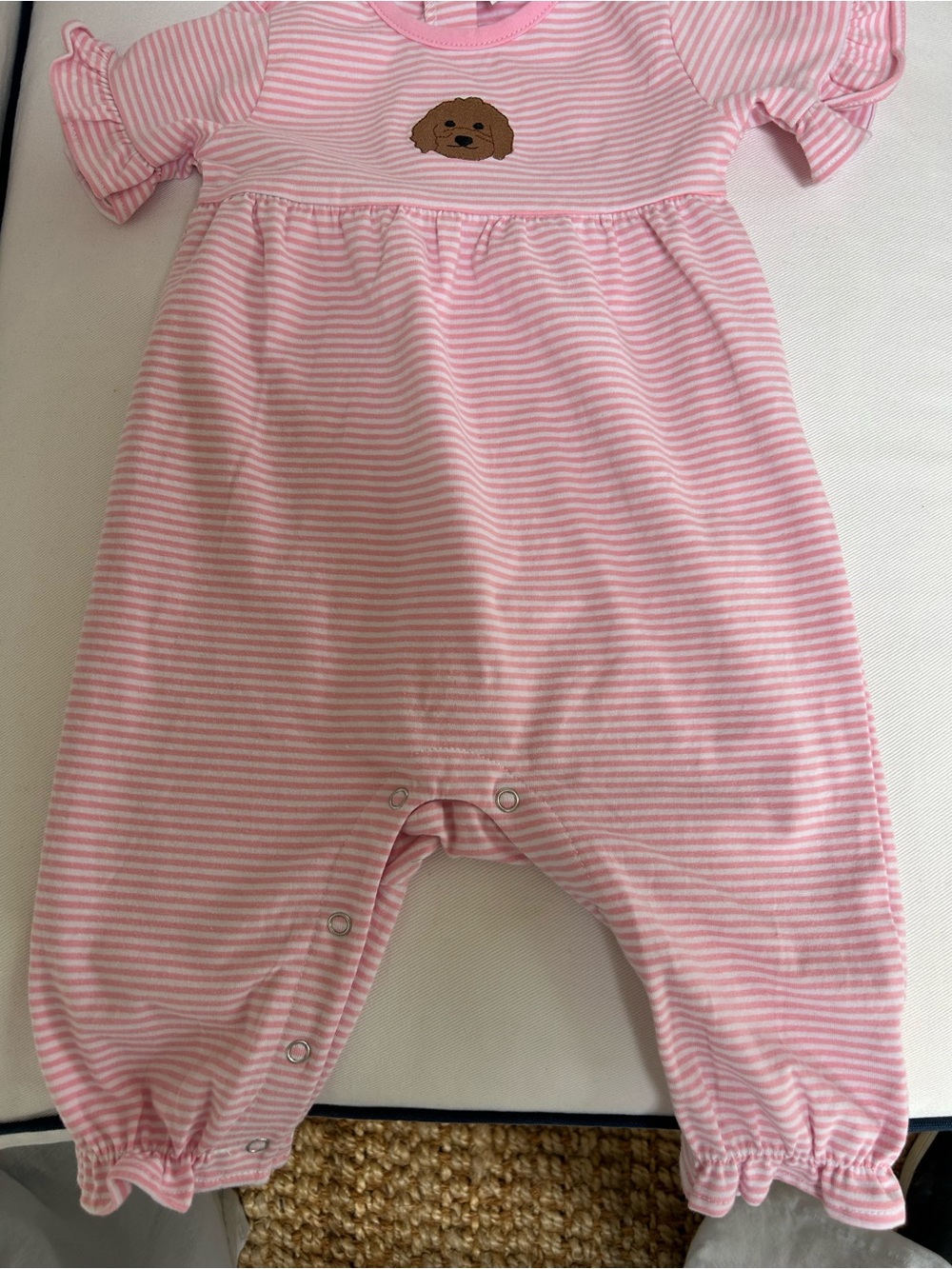 New Stitchy Fish Pink 12m Striped Baby One-Piece Romper with Puppy Motif - Picture 2 of 3